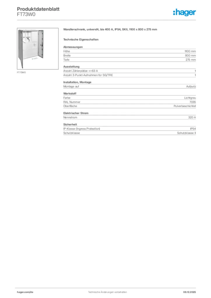 Bild Hager Produktdatenblatt FT73W0 | Hager Deutschland