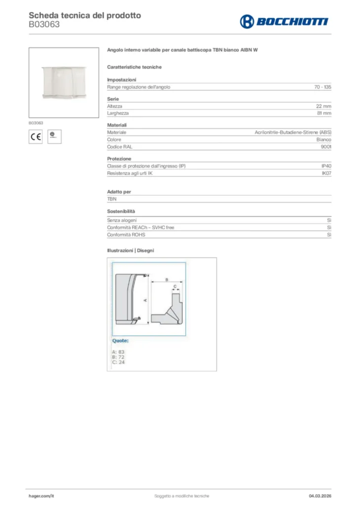 Immagine Bocchiotti Scheda tecnica del prodotto B03063 | Hager Italia