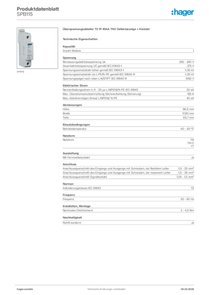 Bild Hager Produktdatenblatt SPB115 | Hager Deutschland