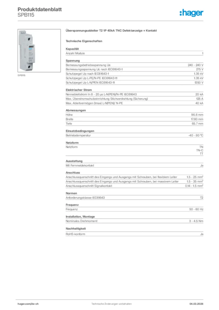 Bild Hager Produktdatenblatt SPB115 | Hager Schweiz