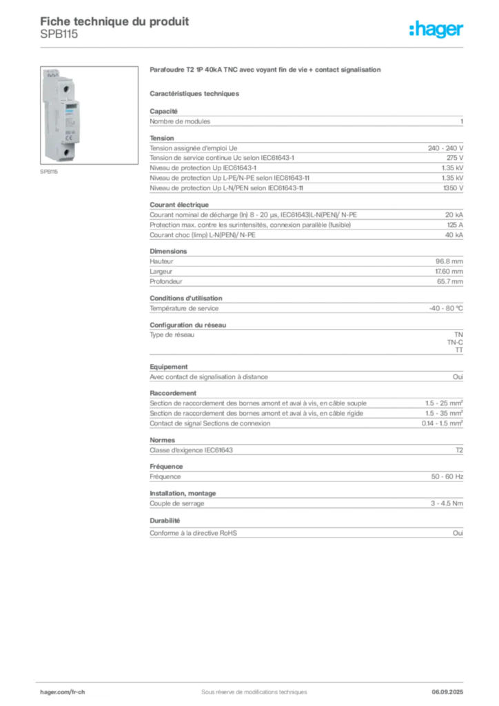 Image Hager Fiche technique du produit SPB115 | Hager Suisse