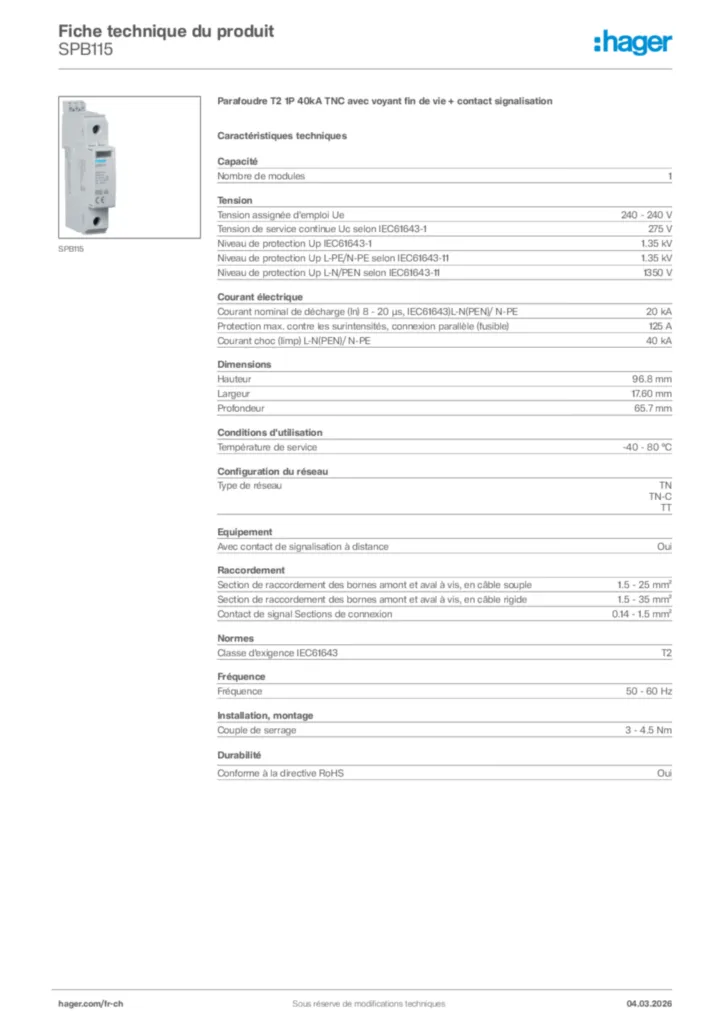 Image Hager Fiche technique du produit SPB115 | Hager Suisse