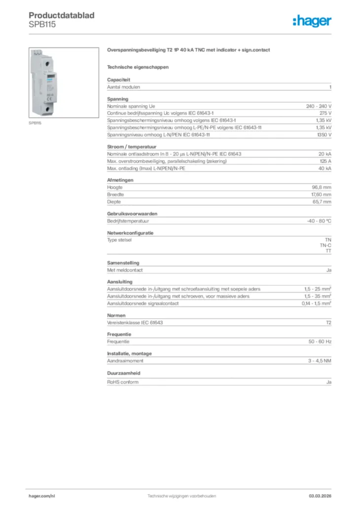 Afbeelding Hager Productdatablad SPB115 | Hager Nederland