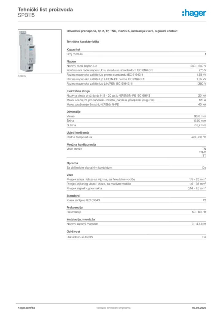 Slika Hager Tehnički list proizvoda SPB115  | Hager