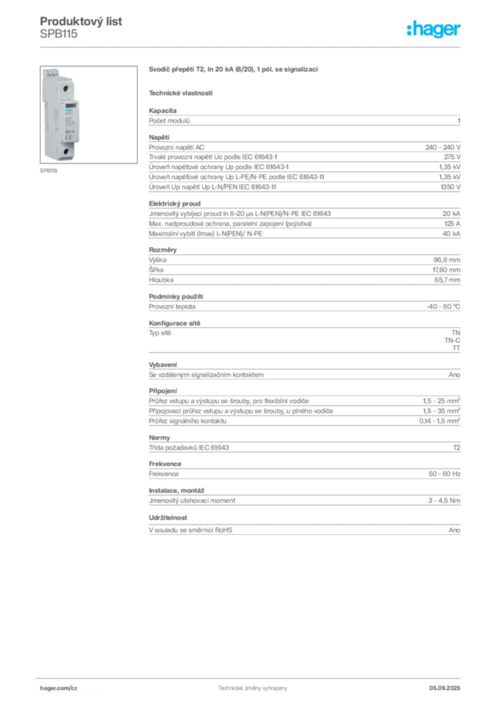 Obrázek Hager Produktový list SPB115 | Hager