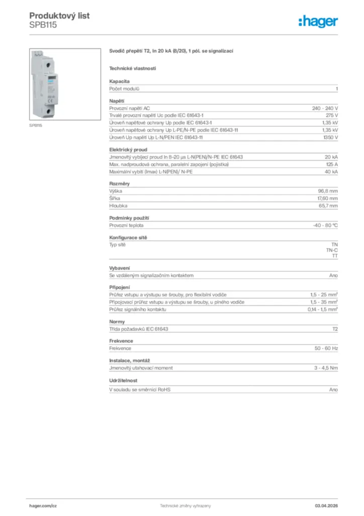 Obrázek Hager Product data sheet SPB115 | Hager