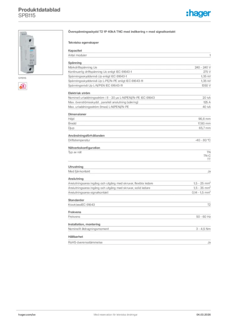 Bild Hager Produktdatablad SPB115 | Hager Sverige