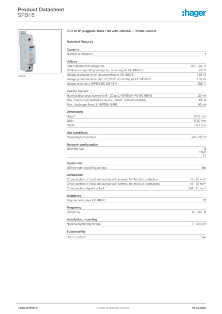 Image Hager Product data sheet SPB115  | Hager