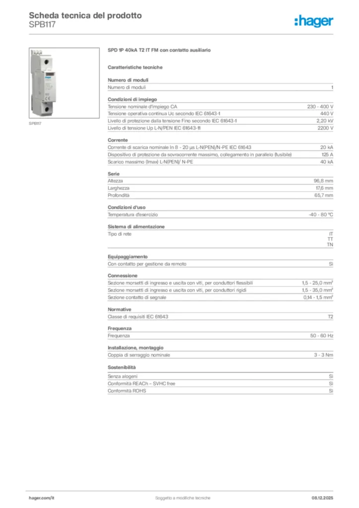 Immagine Hager Scheda tecnica del prodotto SPB117 | Hager Italia