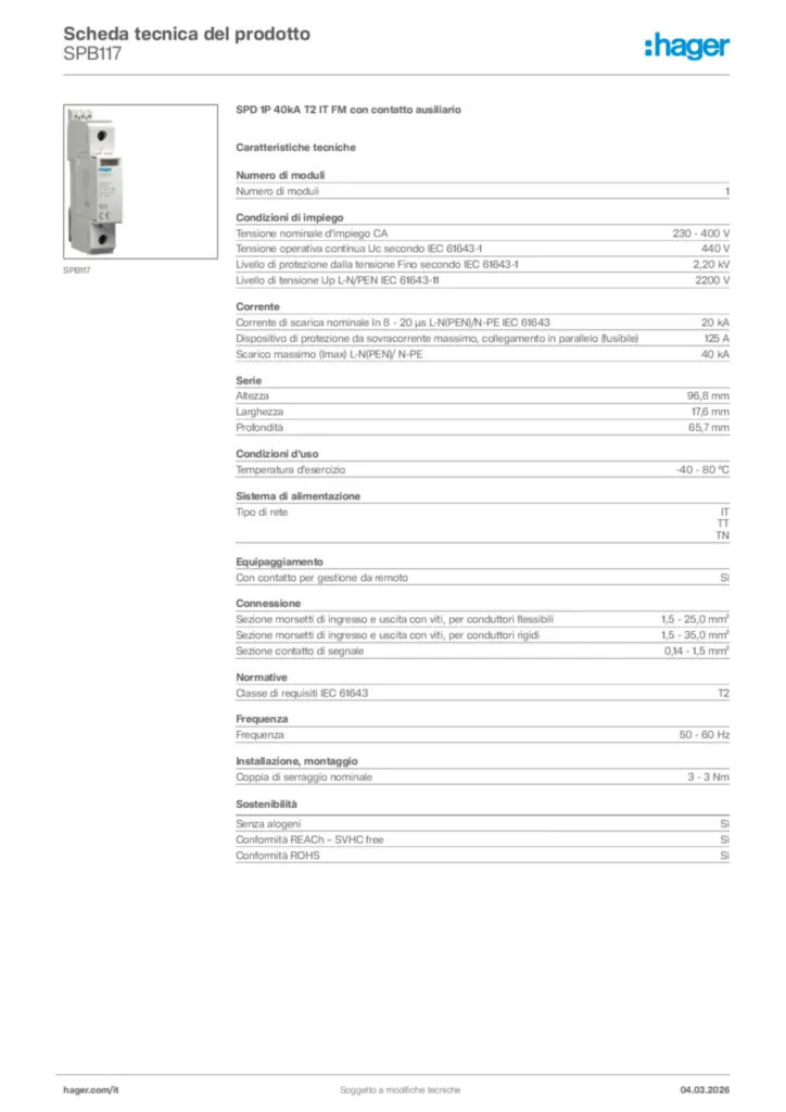 Immagine Hager Scheda tecnica del prodotto SPB117 | Hager Italia