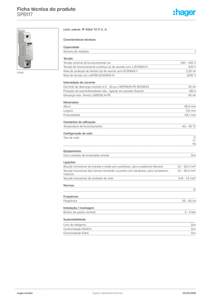 Imagem Hager Ficha técnica do produto SPB117 | Hager Portugal