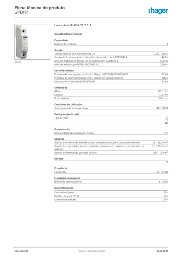 Imagem Hager Ficha técnica do produto SPB117 | Hager Portugal