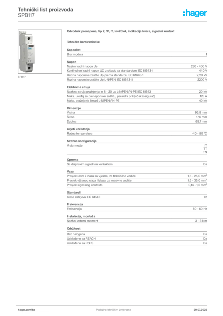 Slika Hager Product data sheet SPB117  | Hager