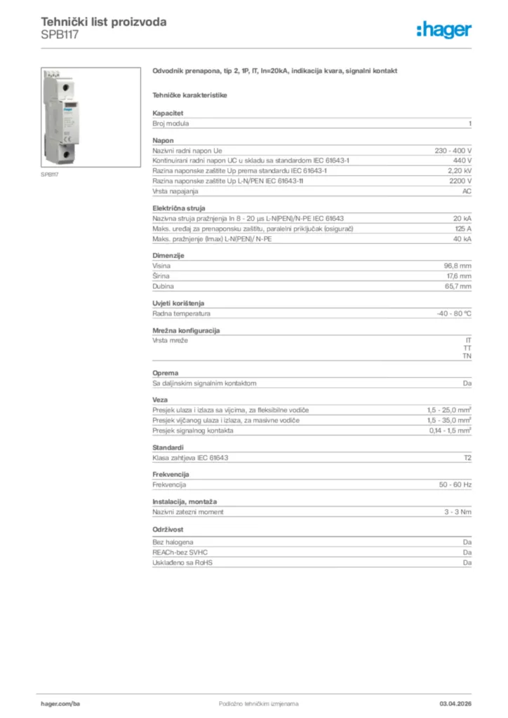 Slika Hager Tehnički list proizvoda SPB117  | Hager