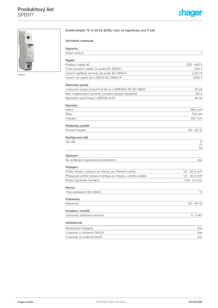 Obrázek Hager Produktový list SPB117 | Hager