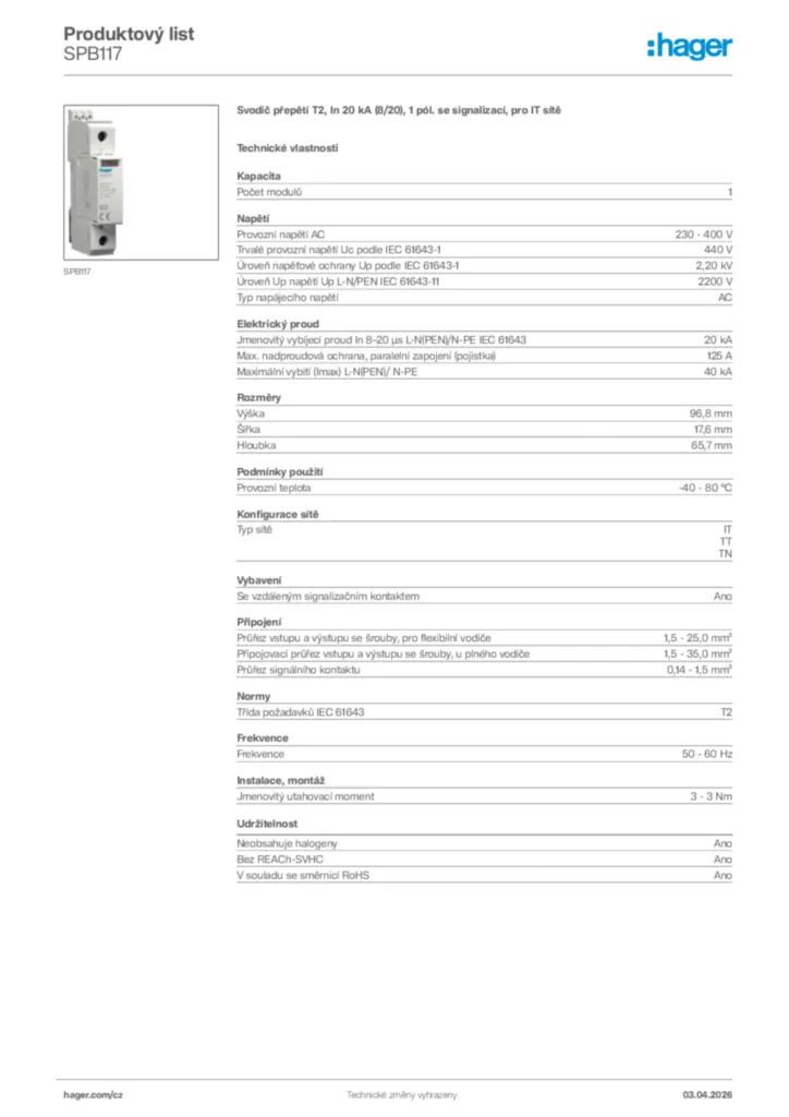 Obrázek Hager Product data sheet SPB117 | Hager