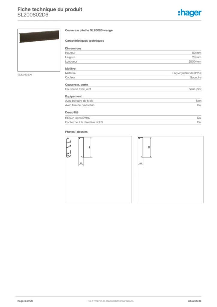 Image Hager Fiche technique du produit SL200802D6 | Hager France