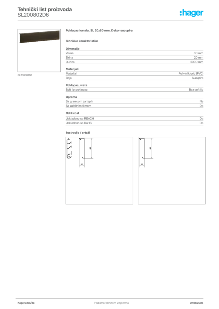 Slika Hager Product data sheet SL200802D6  | Hager