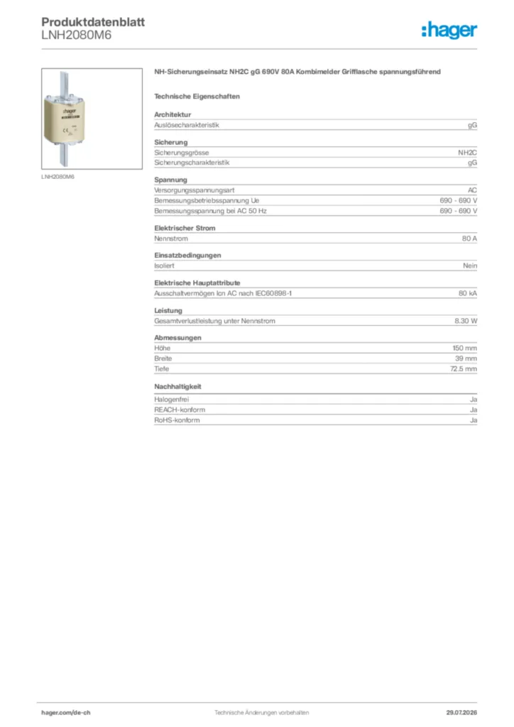 Bild Hager Produktdatenblatt LNH2080M6 | Hager Schweiz