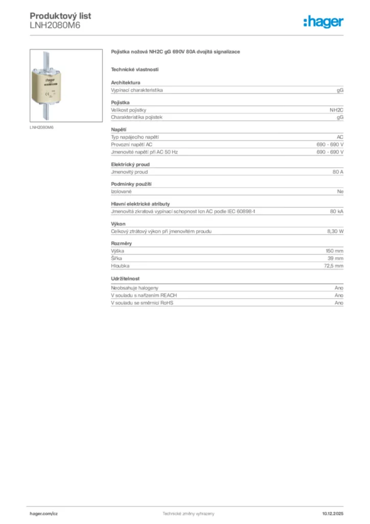 Obrázek Hager Produktový list LNH2080M6 | Hager