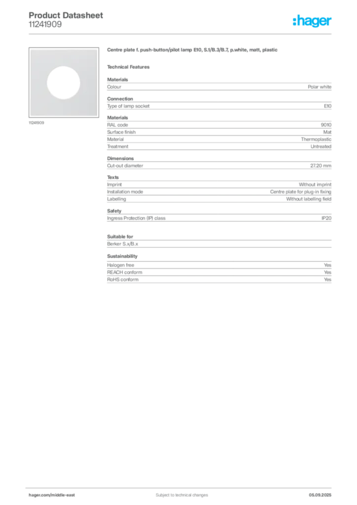 Image Hager Product data sheet 11241909  | Hager