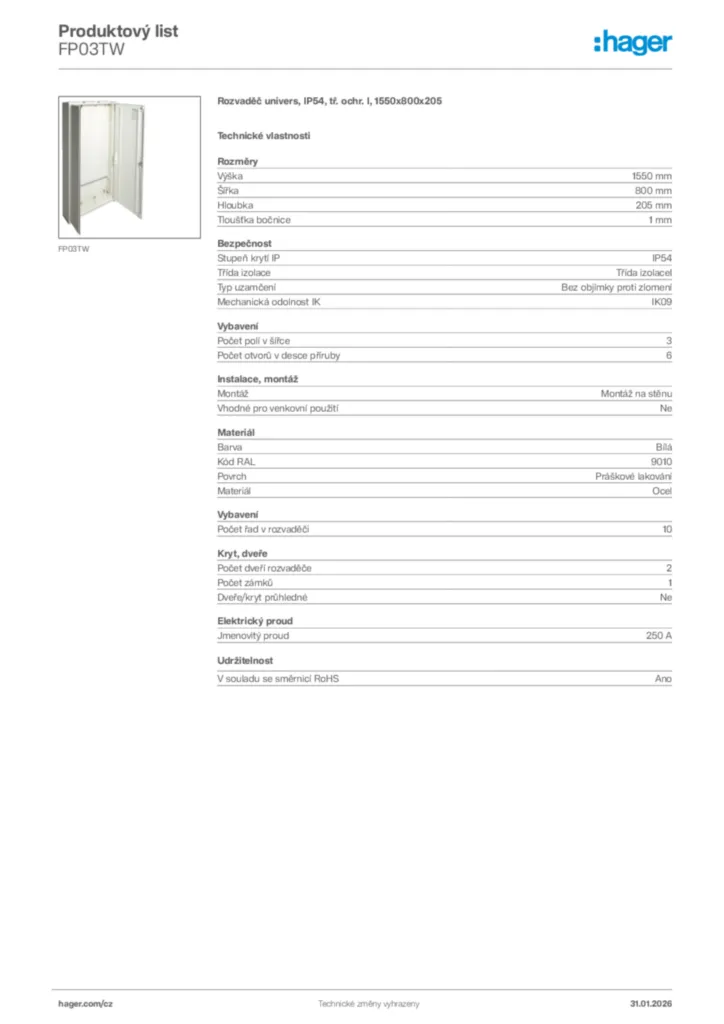 Obrázek Hager Product data sheet FP03TW | Hager