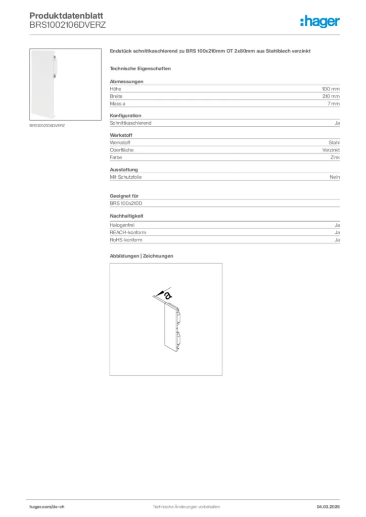 Bild Hager Produktdatenblatt BRS1002106DVERZ | Hager Schweiz