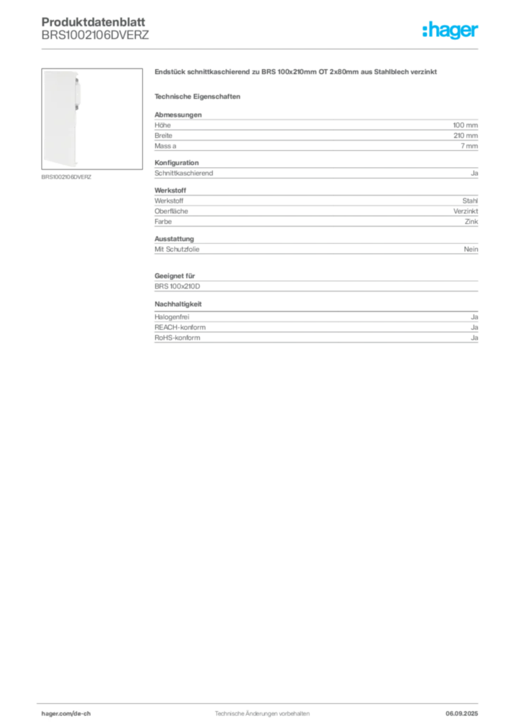 Bild Hager Produktdatenblatt BRS1002106DVERZ | Hager Schweiz