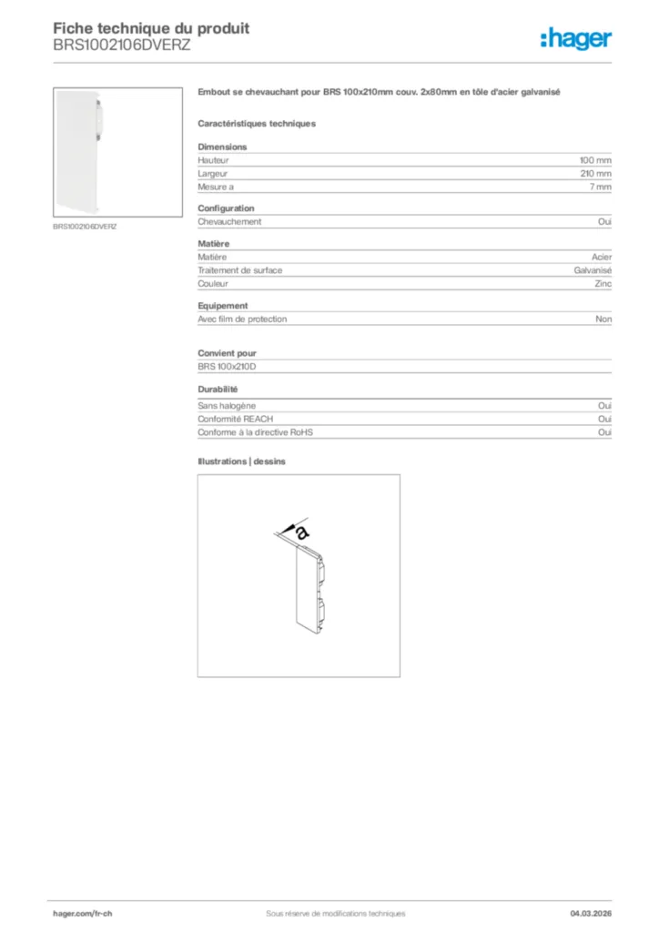 Image Hager Fiche technique du produit BRS1002106DVERZ | Hager Suisse