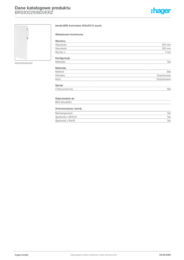 Zdjęcie Hager Dane katalogowe produktu BRS1002106DVERZ | Hager Polska