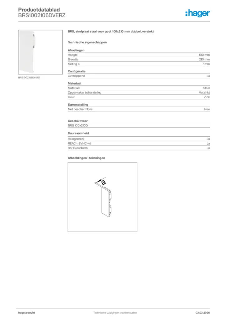 Afbeelding Hager Productdatablad BRS1002106DVERZ | Hager Nederland