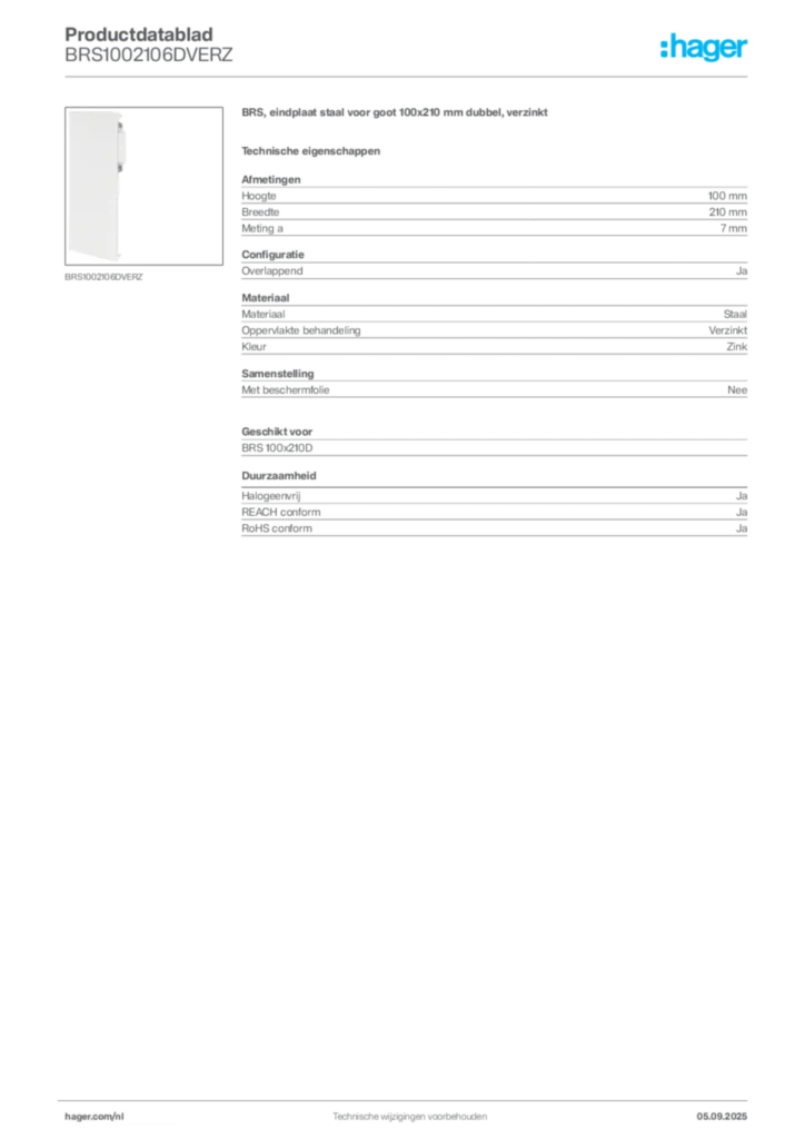 Afbeelding Hager Productdatablad BRS1002106DVERZ | Hager Nederland