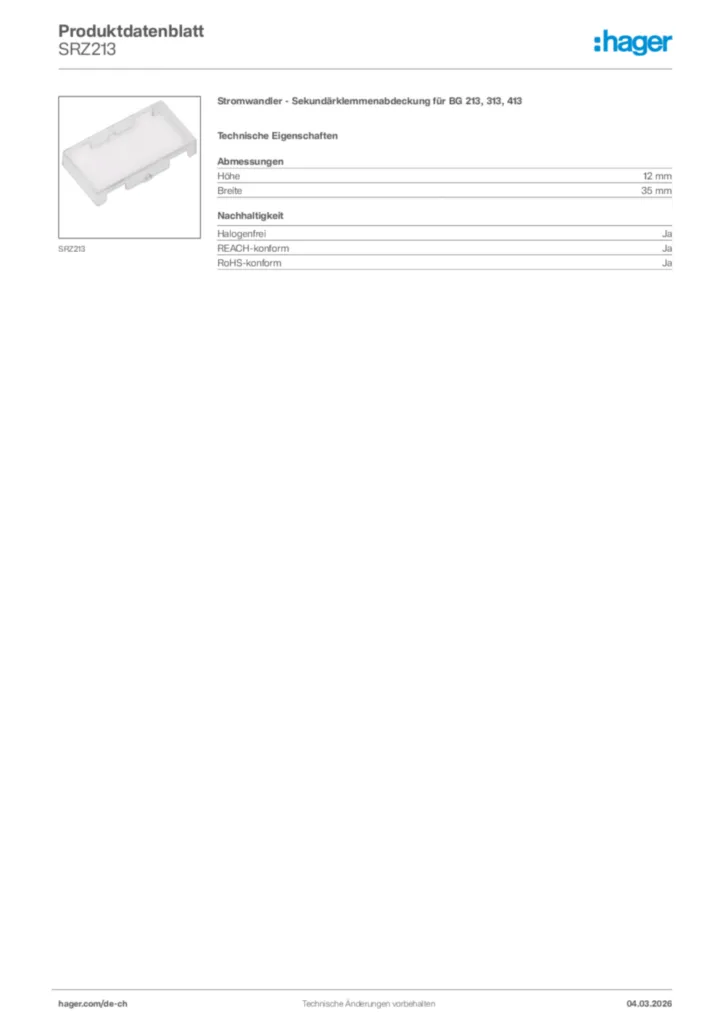 Bild Hager Produktdatenblatt SRZ213 | Hager Schweiz