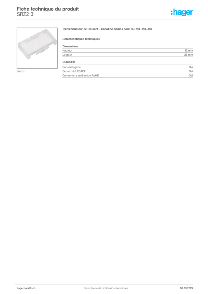 Image Hager Fiche technique du produit SRZ213 | Hager Suisse