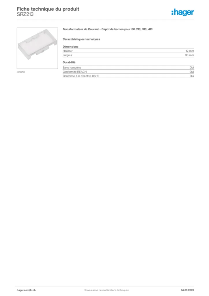 Image Hager Fiche technique du produit SRZ213 | Hager Suisse