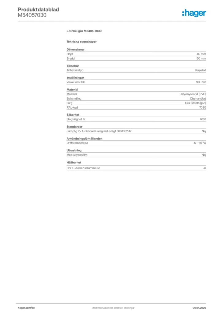 Bild Hager Produktdatablad M54057030 | Hager Sverige