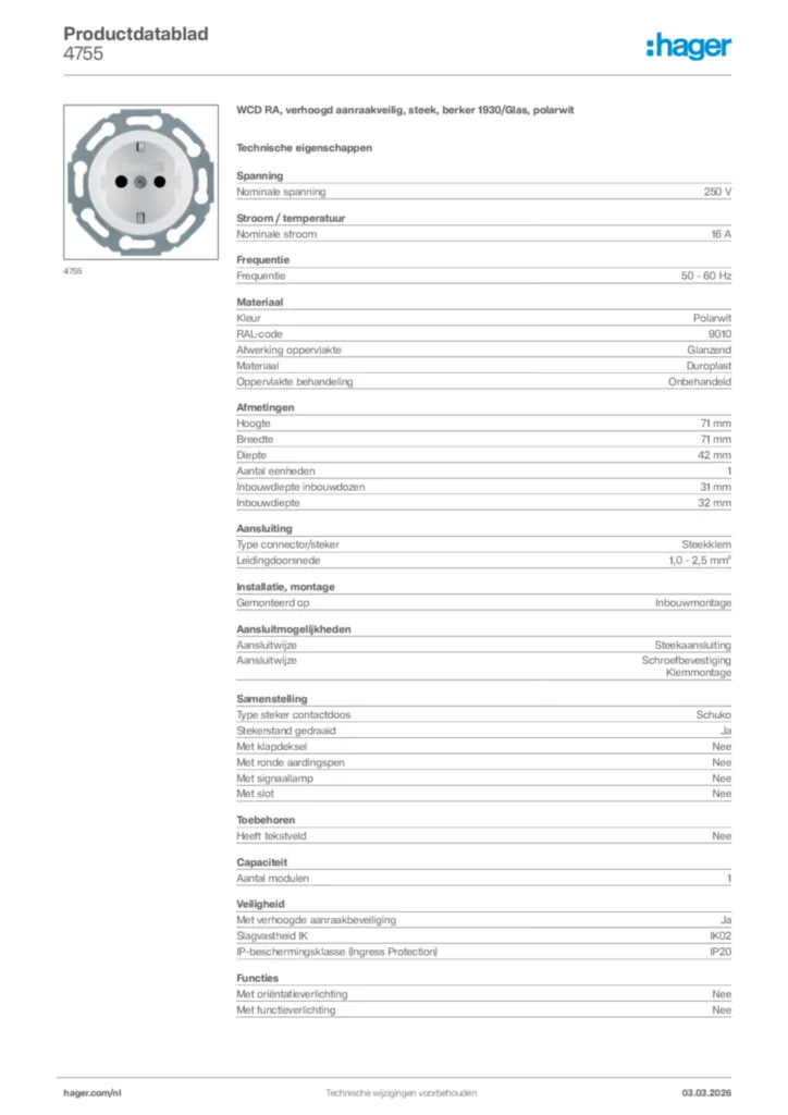 Afbeelding Hager Productdatablad 4755 | Hager Nederland