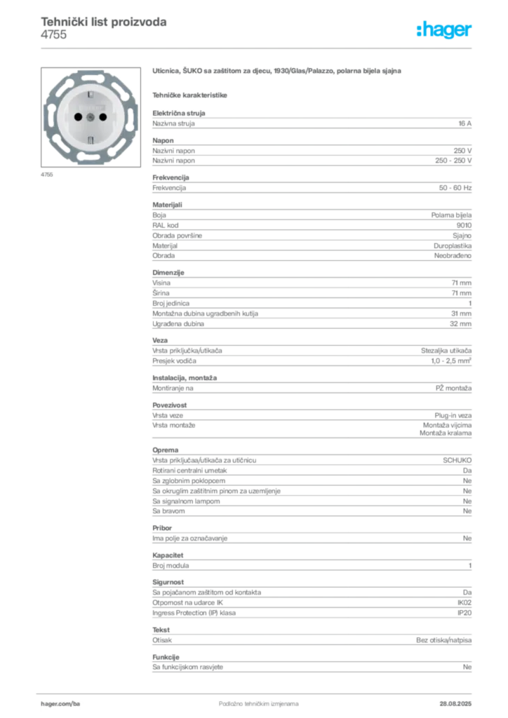 Slika Hager Product data sheet 4755  | Hager