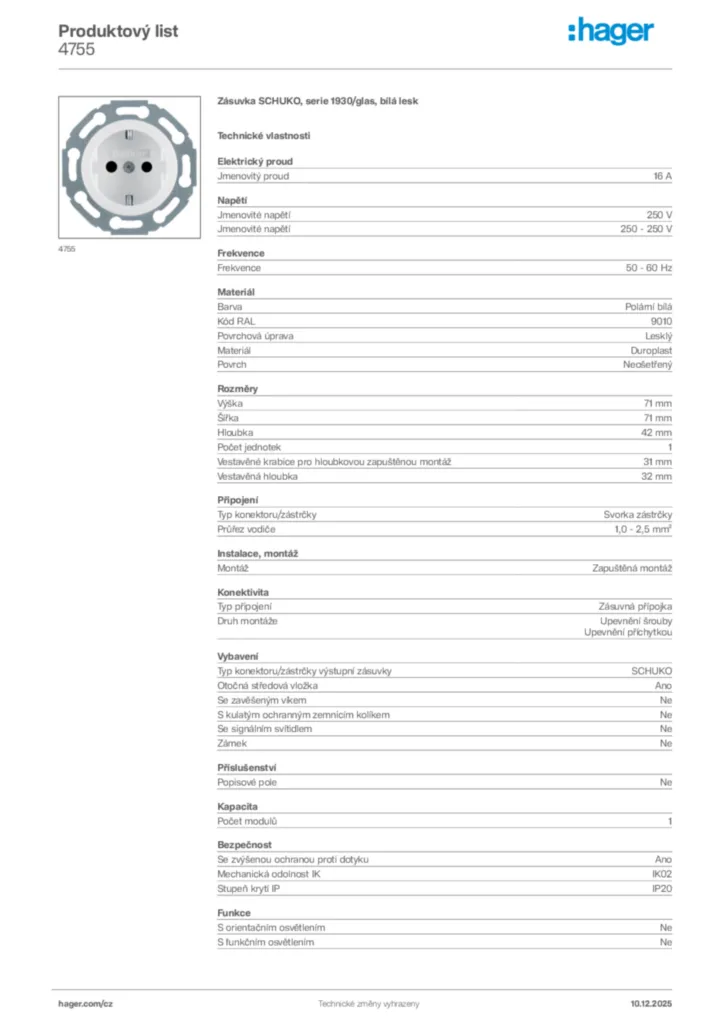 Obrázek Hager Produktový list 4755 | Hager