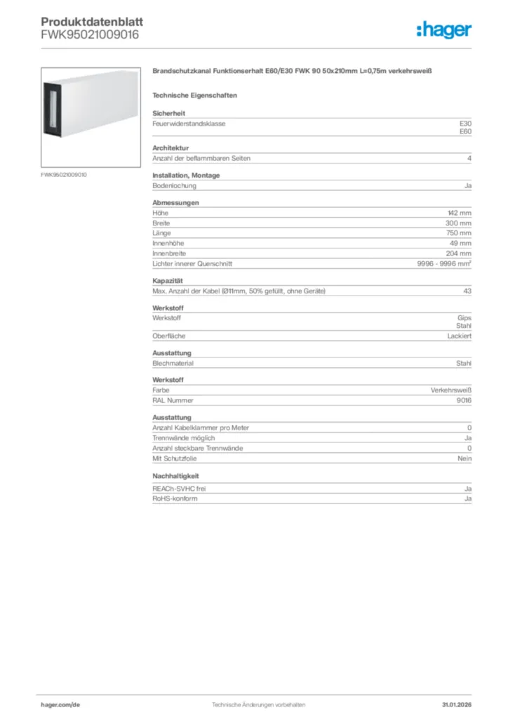 Hager Produktdatenblatt FWK95021009016
