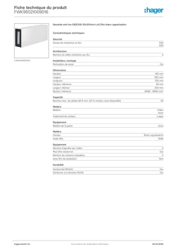 Image Hager Fiche technique du produit FWK95021009016 | Hager Suisse