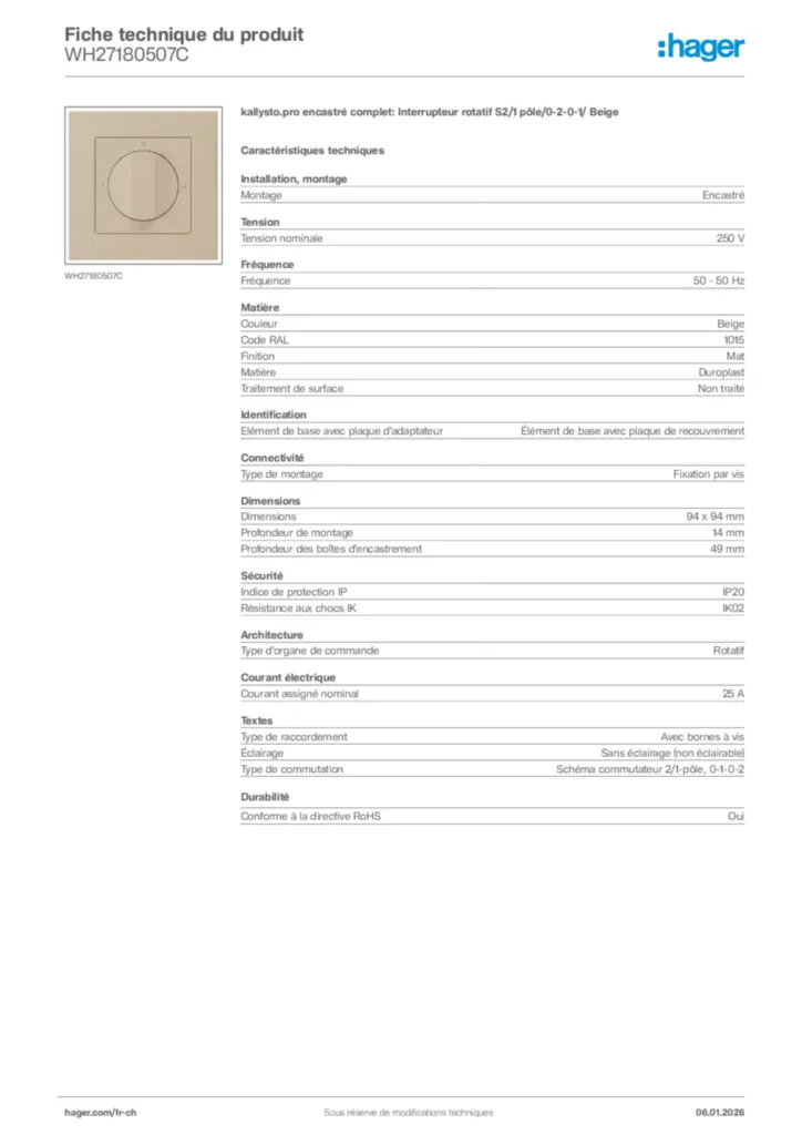 Image Hager Fiche technique du produit WH27180507C | Hager Suisse