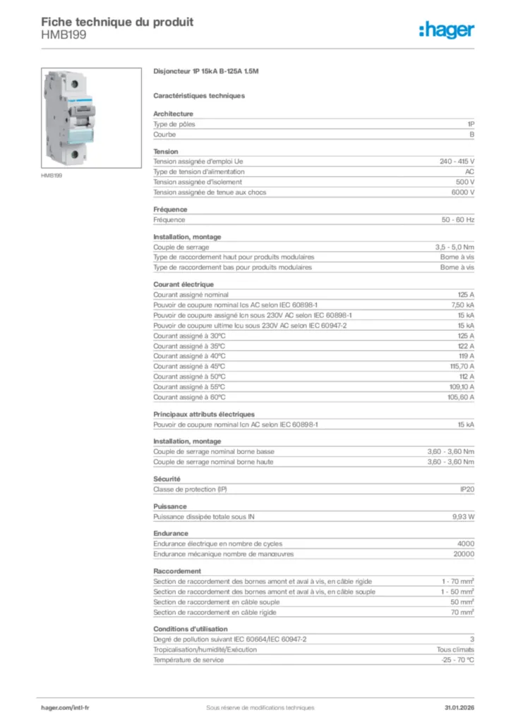 Image Hager Fiche technique du produit HMB199 | Hager Afrique