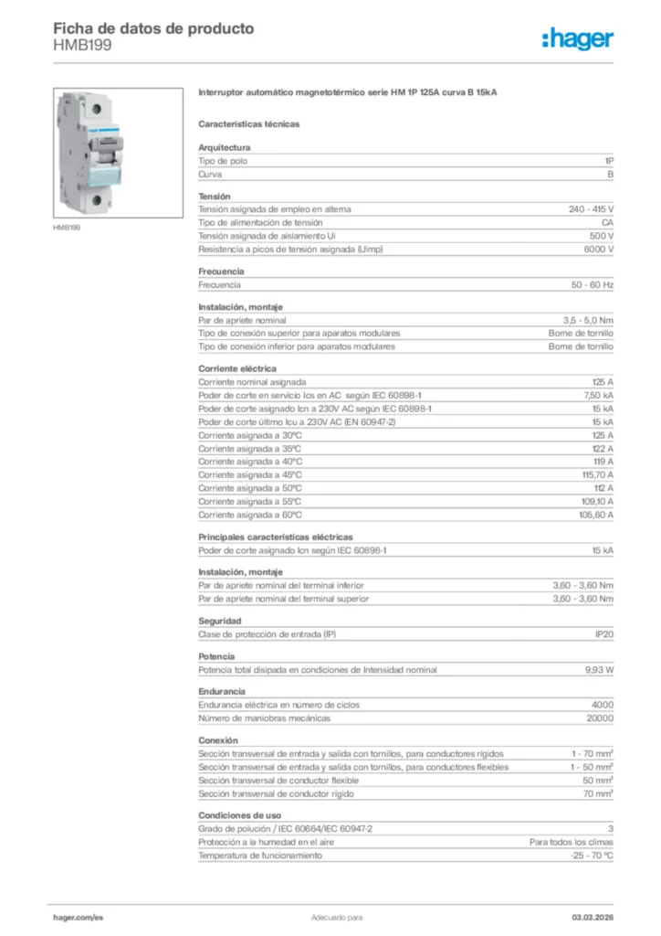 Imagen Hager Ficha de datos de producto HMB199 | Hager España