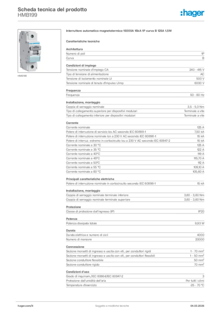 Immagine Hager Scheda tecnica del prodotto HMB199 | Hager Italia