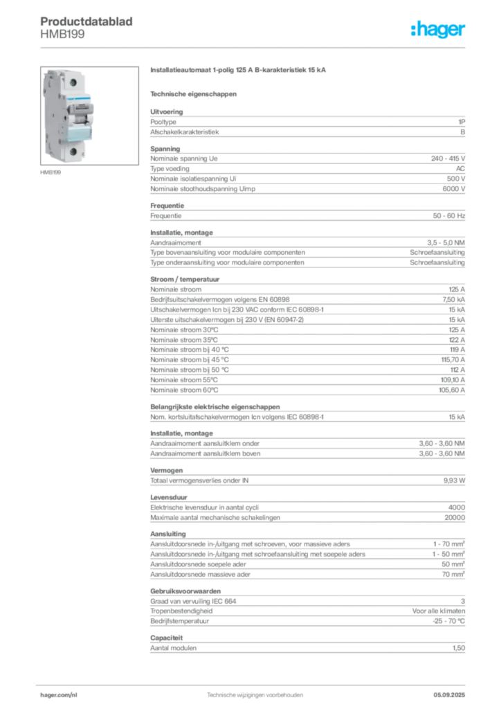 Afbeelding Hager Productdatablad HMB199 | Hager Nederland