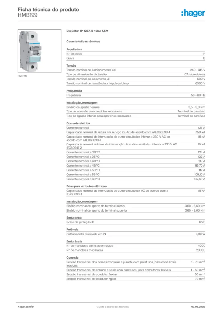 Imagem Hager Ficha técnica do produto HMB199 | Hager Portugal