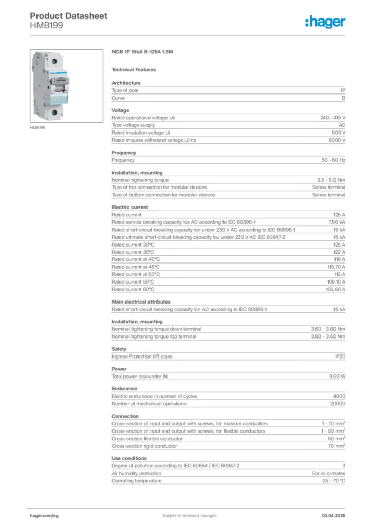 Image Hager Product data sheet HMB199  | Hager