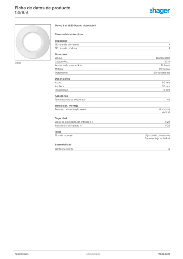 Imagen Hager Ficha de datos de producto 138169 | Hager España