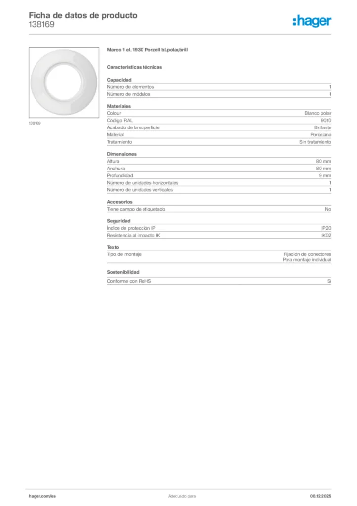 Imagen Hager Ficha de datos de producto 138169 | Hager España